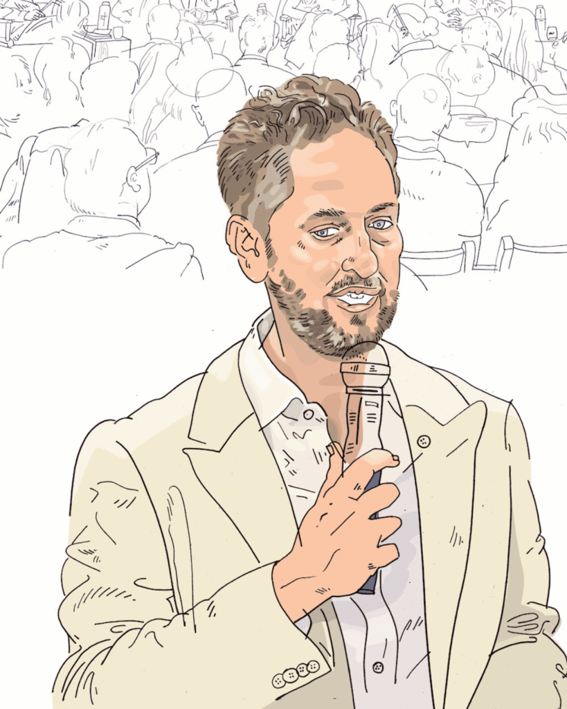 Illustration of a man in a beige suit holding a microphone, appearing to speak or present. The background shows an outlined crowd of seated people, drawn with minimal detail.