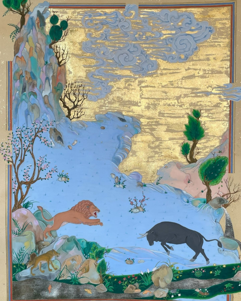 A Persian-style miniature painting shows a lion leaping toward a black bull near a stream, with another animal nearby. The background features rocky cliffs, trees, clouds, and a gold sky with intricate details.