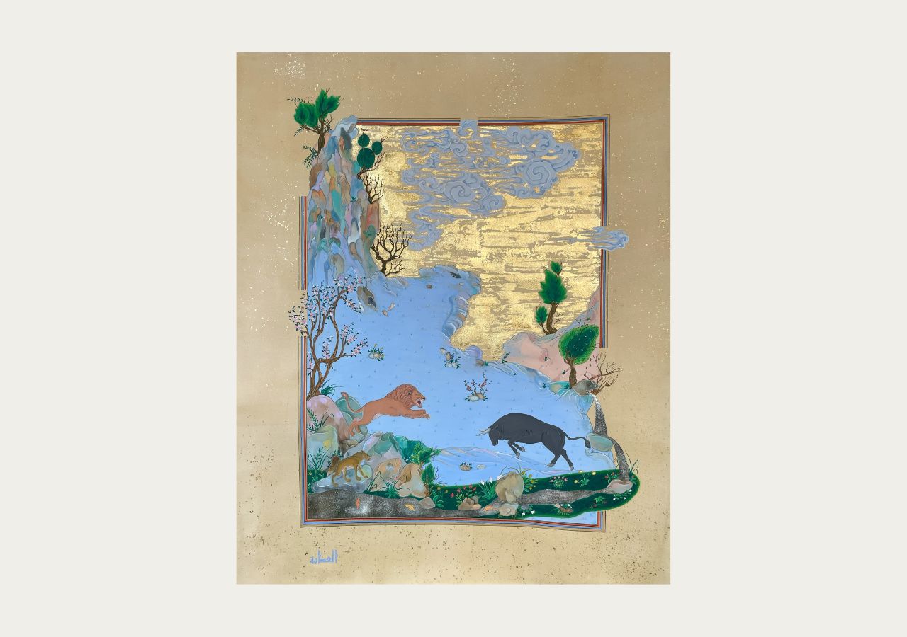 An illustration of The Lion and the Ox by Wadha Al Athba for the new Spanish edition of Kalila wa Dimna. Photo: Wadha Al Athba; Courtesy of Mubarak Al Malik