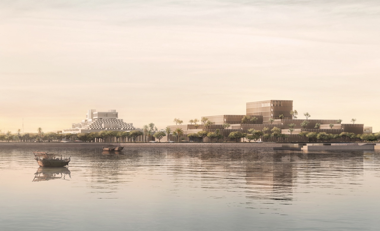 A tranquil waterfront scene at sunset with boats on calm water, palm trees, and modern, Frida Escobedo-inspired geometric buildings on the shore, blending seamlessly with the natural surroundings under a soft sky.