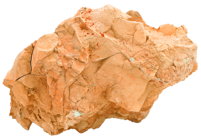 A large, rough, orange-brown clay rock with an irregular surface and visible cracks, reminiscent of traditional Qatari food clay ovens, isolated on a white background.