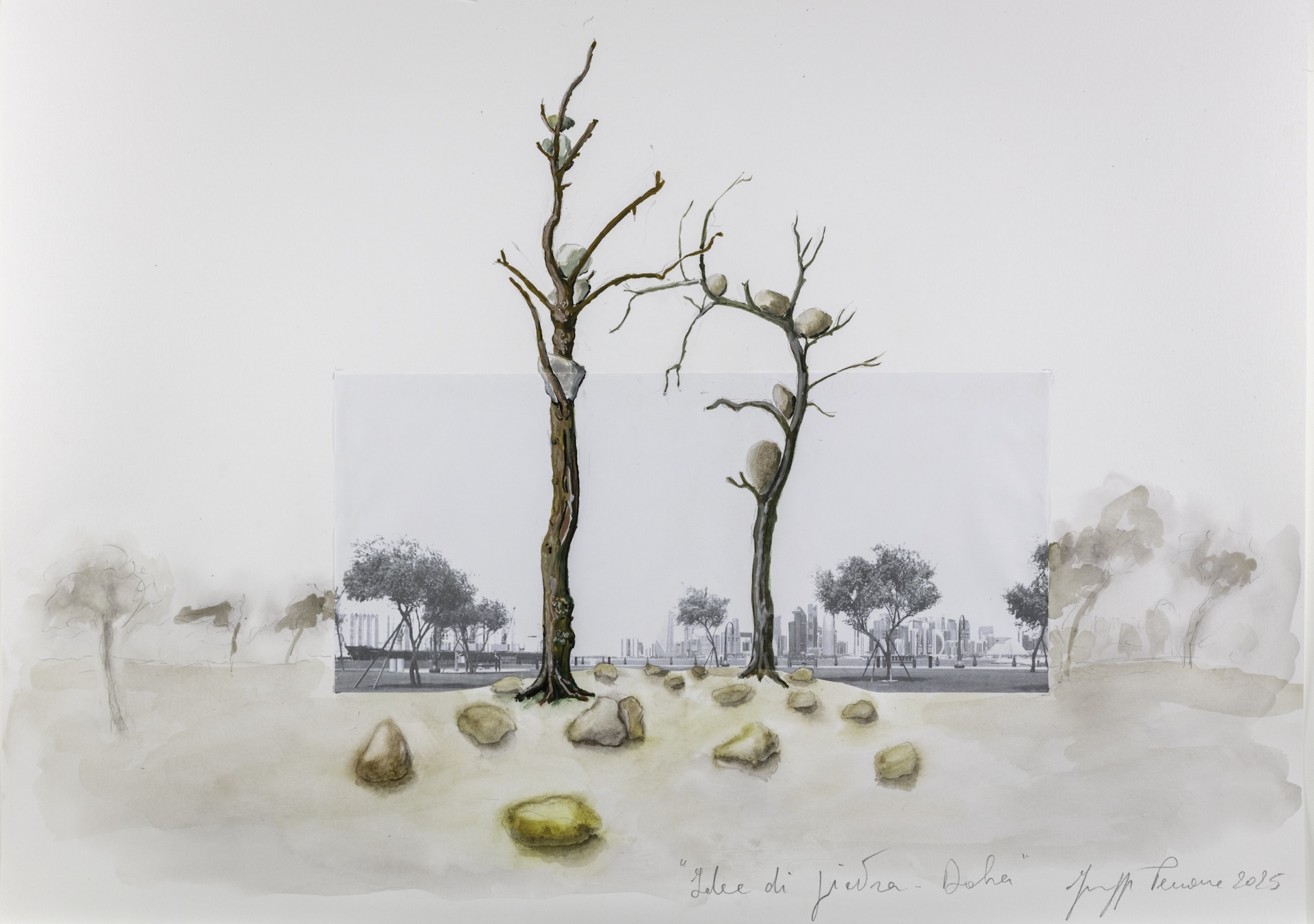 Two leafless trees with rocks in their branches stand on sandy ground. A faint cityscape and additional trees appear in the background, as the image blends sketch and photograph styles.