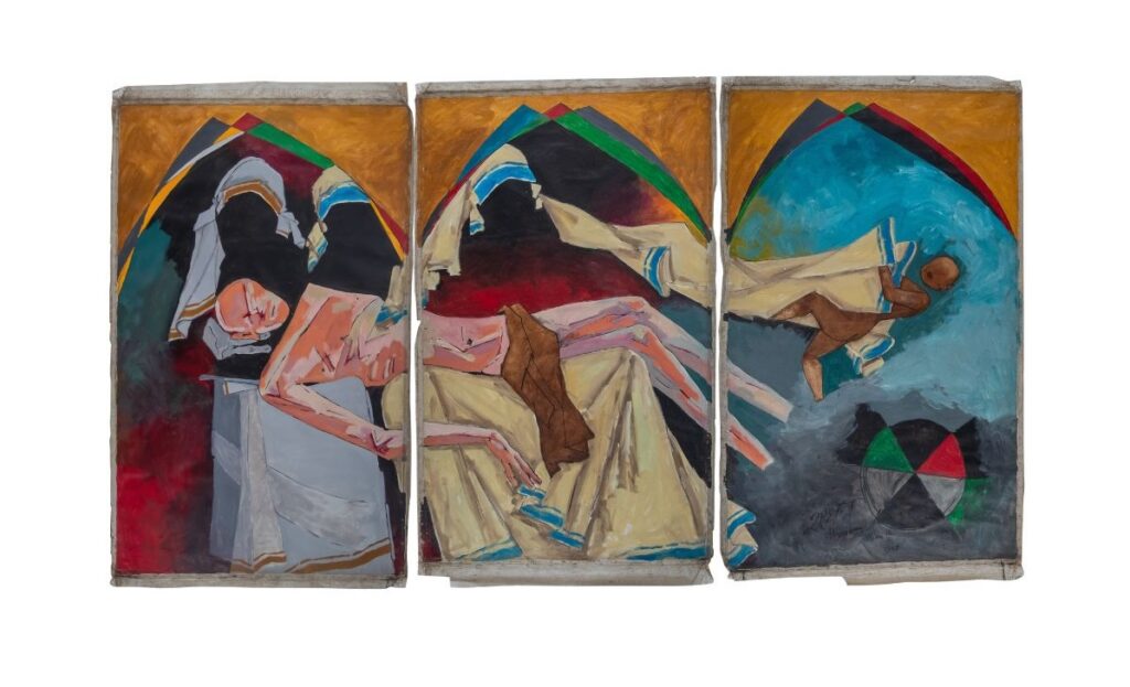 A triptych painting at Lawh Wa Qalam Museum shows abstract, fragmented human figures with muted skin tones and angular shapes set against colorful arched backgrounds. The right panel features a brown figure holding a smaller person, with geometric shapes below.