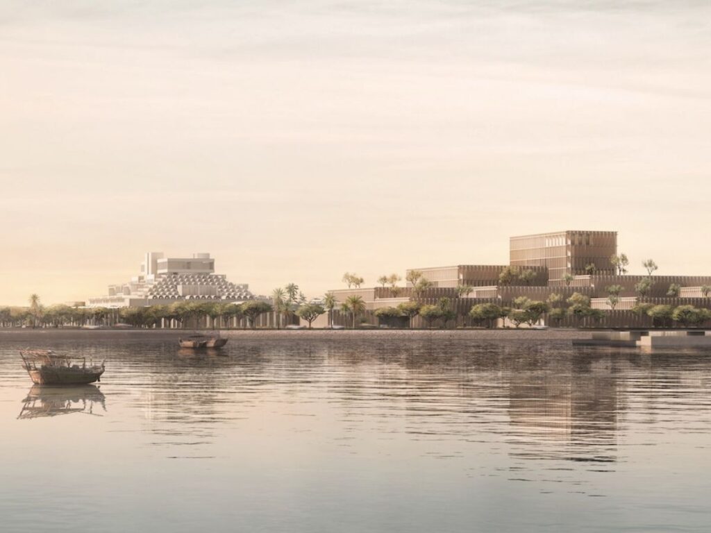 A calm waterfront scene with traditional wooden boats on the water, modern geometric buildings inspired by Frida Escobedo, and lush palm trees lining the shore under a soft, pastel sky.