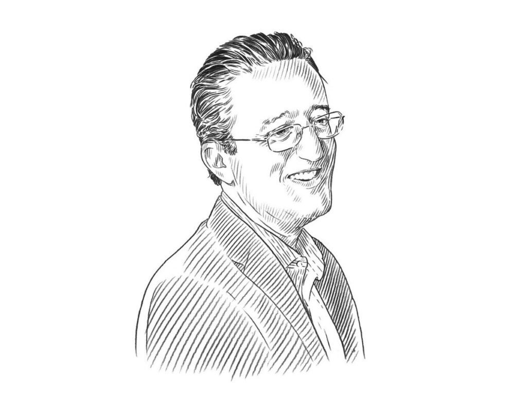 Black and white sketch of a man wearing glasses and a suit jacket, smiling and looking slightly to the side. The detailed drawing with fine lines suggests he might be enjoying a conversation about Qatari food, on a plain white background.