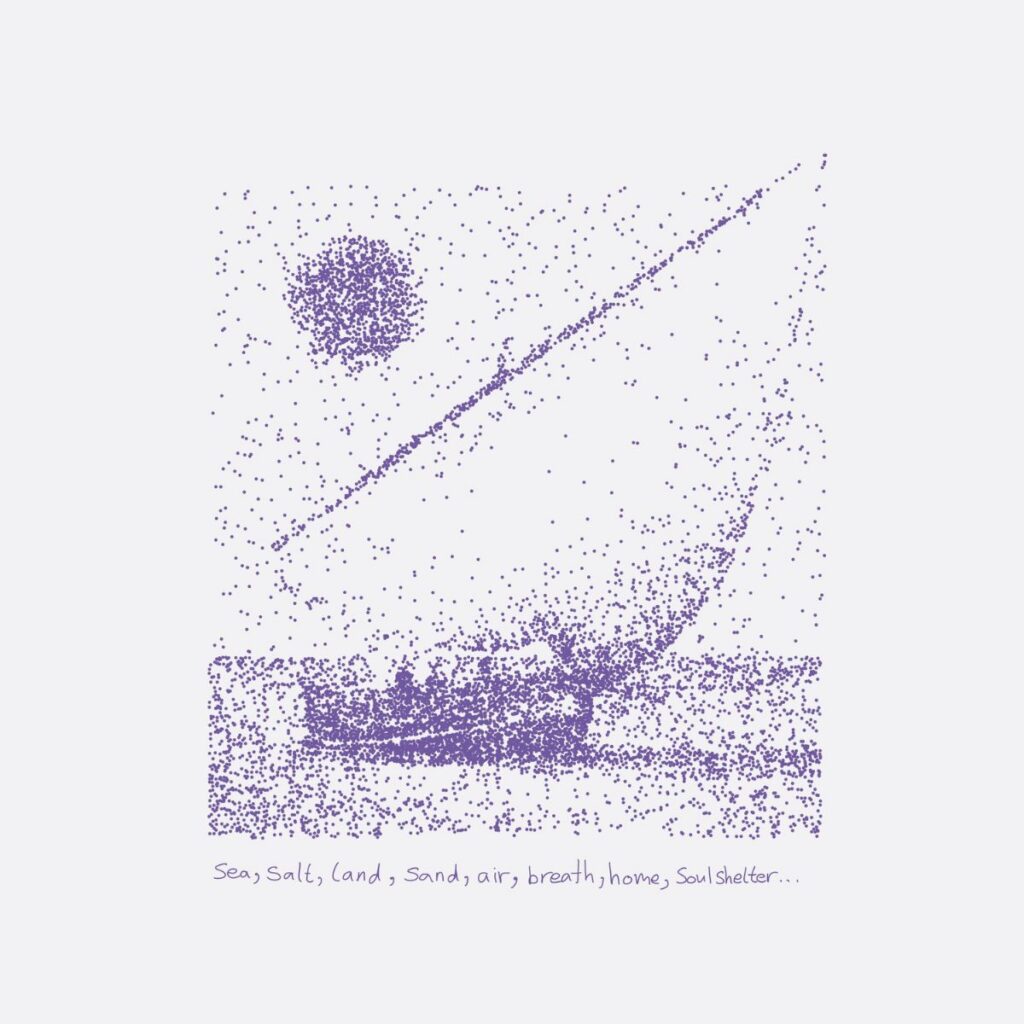 Pointillist-style drawing of a sailboat on the sea under the sun, with a person on the boat. Below the image, handwritten text reads: Sea, Salt, land, Sand, air, breath, home, Soul shelter...