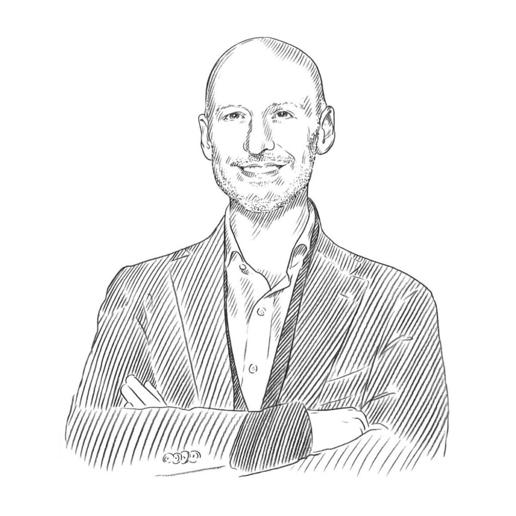 A sketch of Glenn Adamson, a bald man with light facial hair wearing a collared shirt and blazer, posing with his arms crossed.