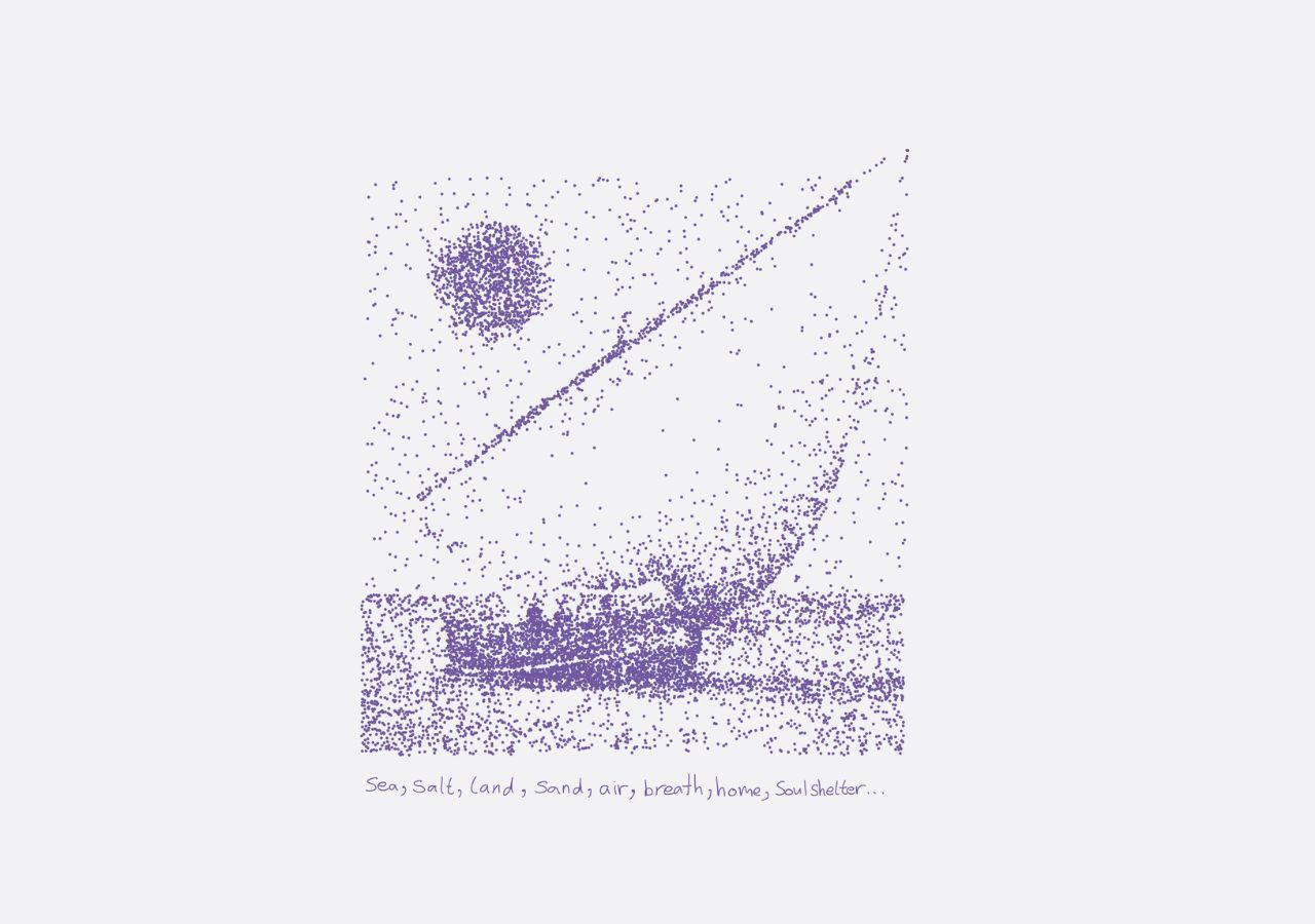Pointillist-style purple drawing of a sailboat on water with the sun above, created from small dots. Text below reads: “Sea, Sails, (and,) Sand, air, breath, home, soulsetter…”.