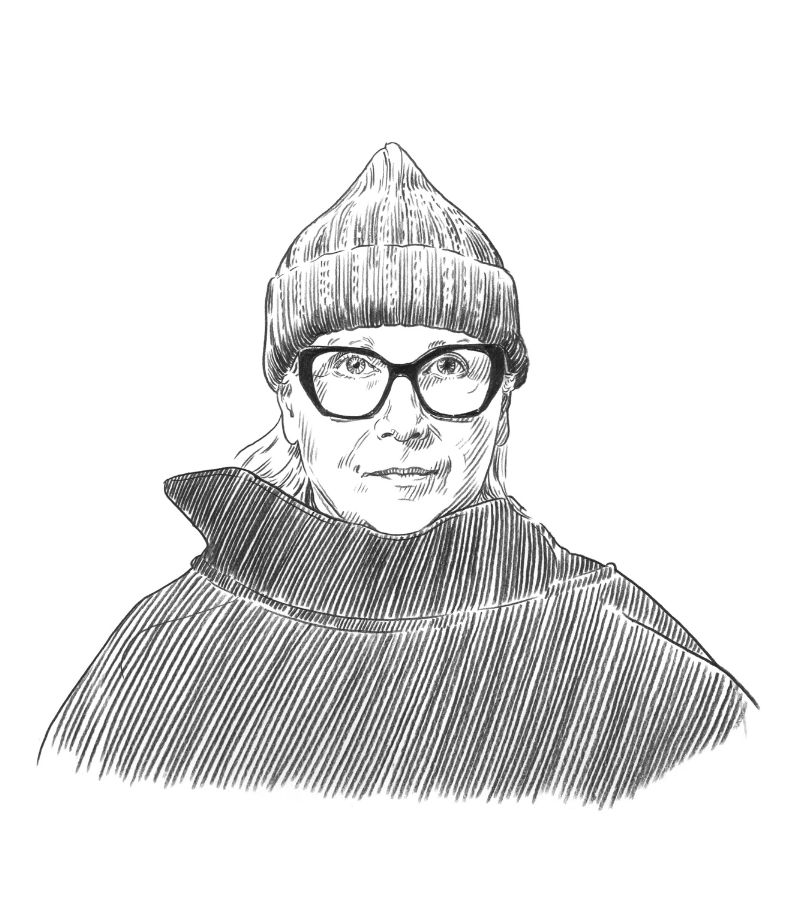 Detailed black and white sketch of a person wearing large glasses, a knit beanie, and a high-collared coat, facing forward with a neutral expression—perfect for Q+A Qatar or arts-related features.