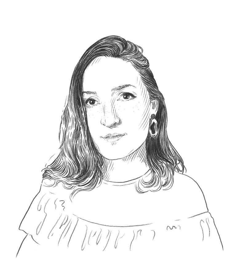 Black and white hand-drawn portrait of a woman with wavy hair, wearing hoop earrings and an off-the-shoulder top, looking forward with a neutral expression—a striking piece merging Q+A Qatar and Arts influences.