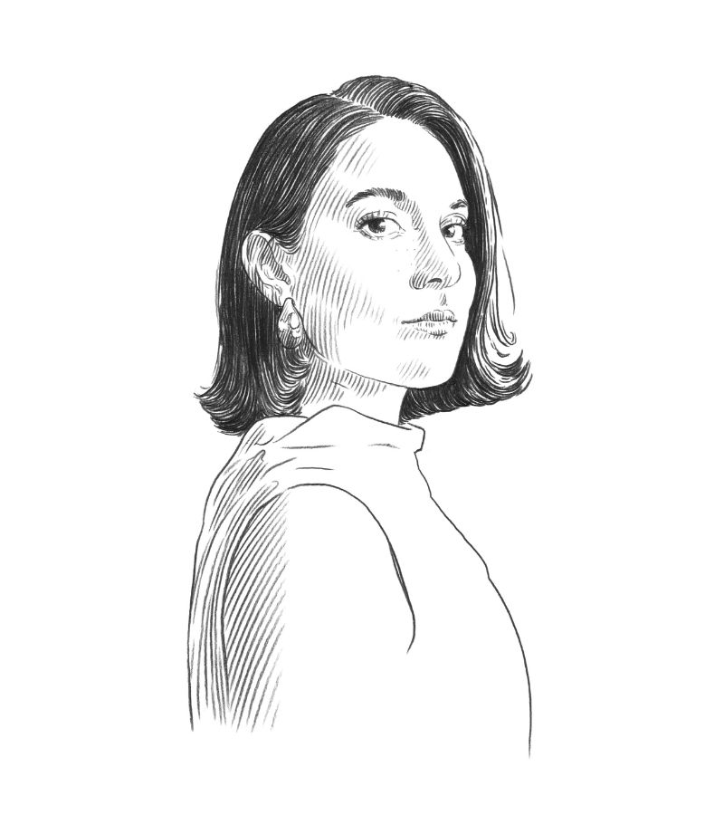 Black and white sketch of a woman with chin-length hair, wearing earrings and a high-neck top, looking over her shoulder with a calm expression. Inspired by the Q+A Qatar and Arts scene, the background is plain white.
