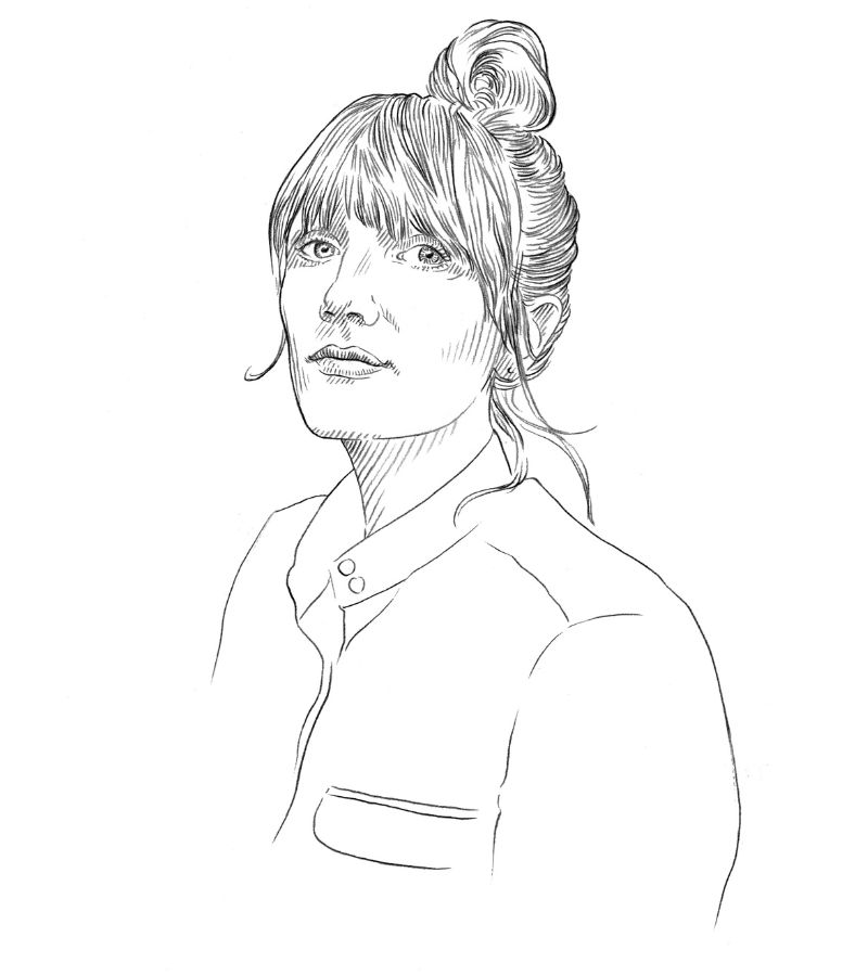 Black and white line drawing of a woman with straight hair in a loose topknot, wearing a buttoned shirt with a pocket. She is looking slightly to the side with a neutral expression, evoking the introspective spirit of Q+A Qatar and Arts.