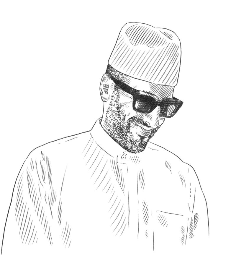 A black and white sketch of a man wearing a traditional hat, sunglasses, and a collared long-sleeve shirt, looking slightly down with a calm expression—perfect for Q+A Qatar or arts-themed features.