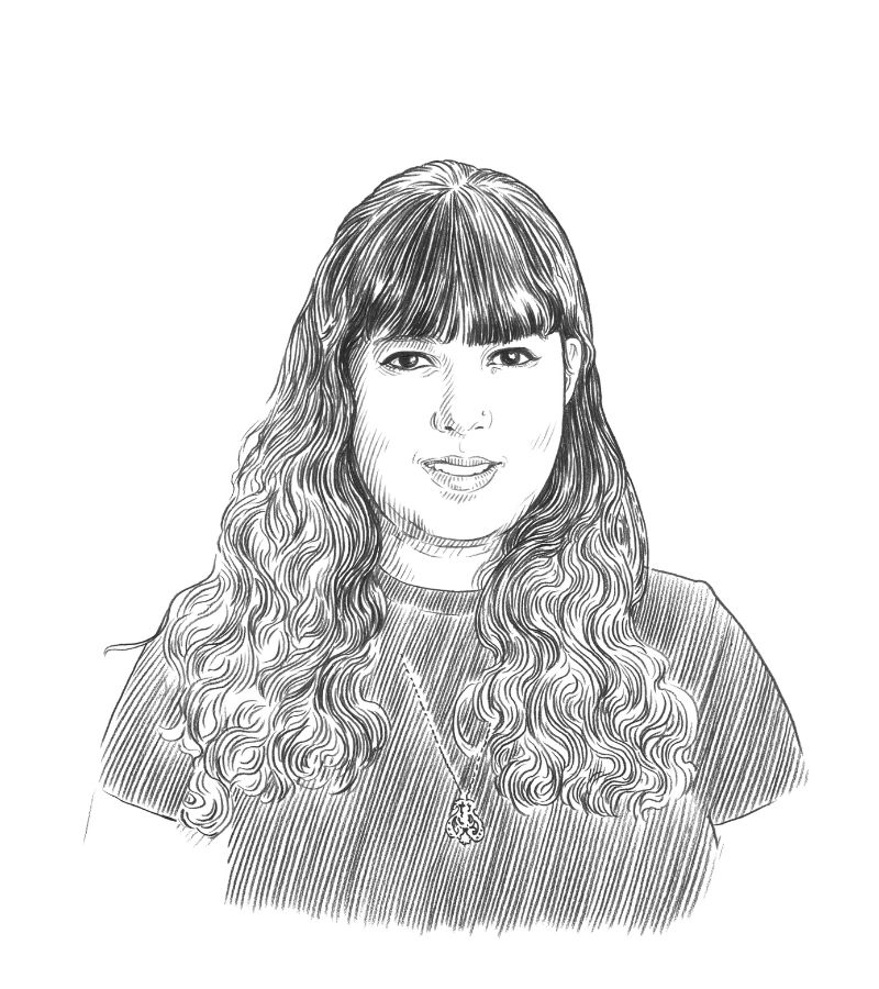 A detailed black-and-white sketch of a woman with long, wavy hair and bangs, wearing a round-neck top and a pendant necklace, facing forward with a slight smile—perfect for an Arts feature or Q+A spotlight in Qatar.