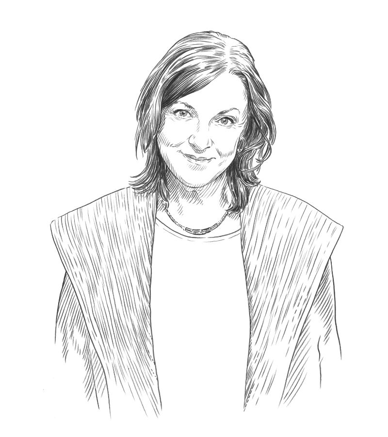 A black and white sketch of a woman with shoulder-length hair, wearing a light top and a wide-collared outer garment, smiling gently and facing forward—an elegant portrait capturing the spirit of Arts in Q+A Qatar.