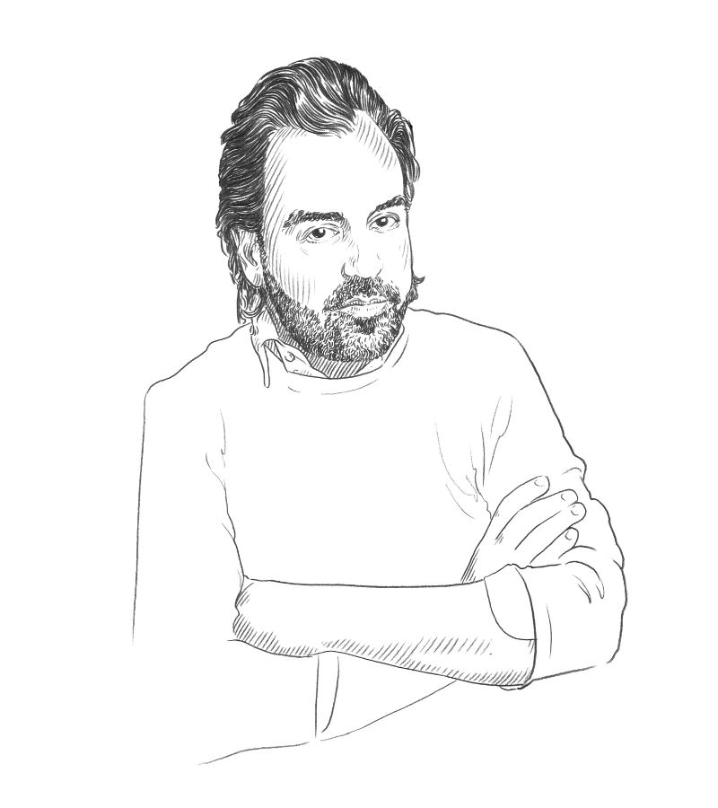 A black and white sketch of a man with medium-length hair and a beard, wearing a long-sleeve shirt, sitting with his arms crossed and looking forward—perfect for illustrating Q+A Qatar or arts-related themes.