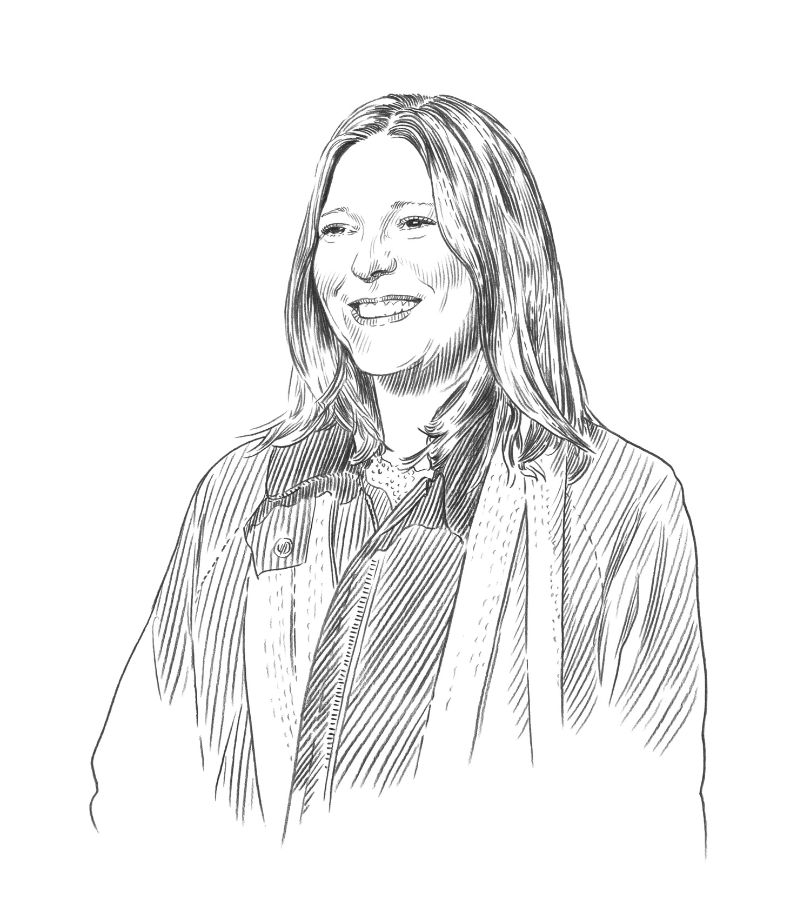 A black and white sketch of a woman with straight, shoulder-length hair, wearing a jacket and smiling, shown from the waist up—perfect for Q+A Qatar and Arts features.