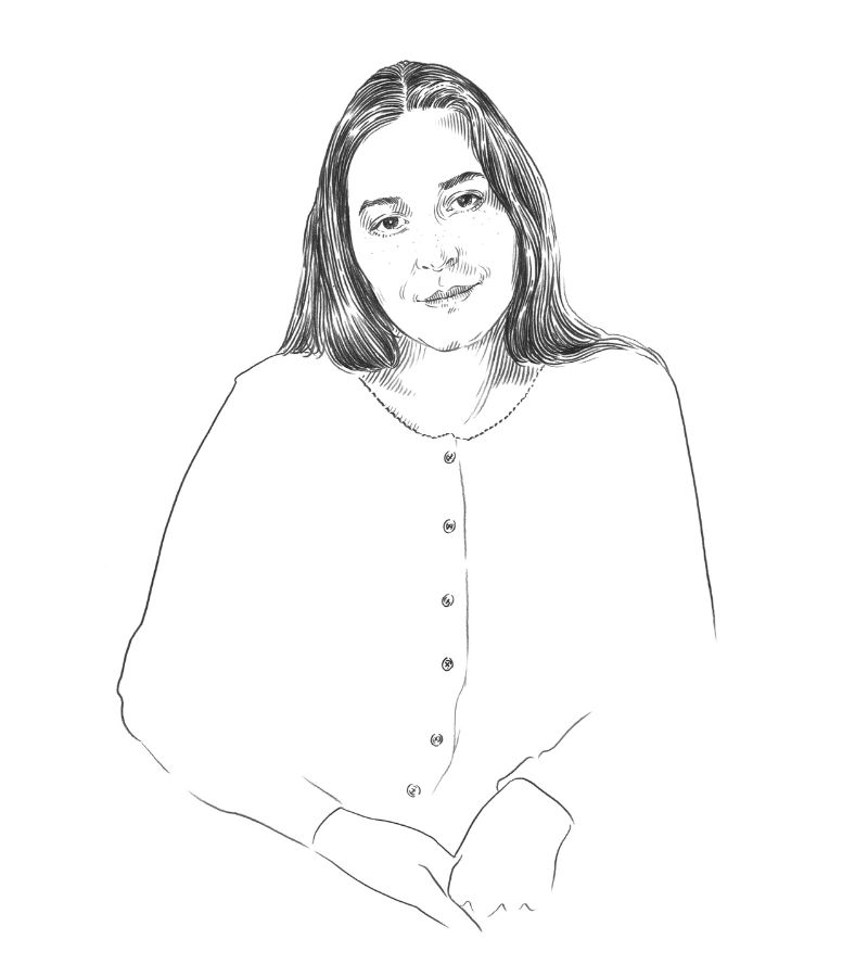A black and white line drawing of a woman with long hair, sitting and facing forward, wearing a buttoned shirt and resting her hands in her lap—perfect for Q+A sessions on Qatar and Arts.