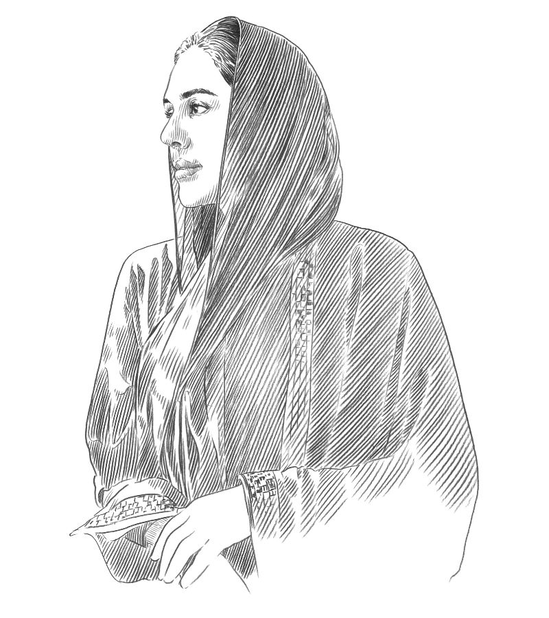 A detailed black-and-white sketch of a woman in traditional attire, wearing a long, flowing scarf over her head and shoulders, holding a plate and looking thoughtfully to the side—a timeless piece reflecting the rich arts of Q+A Qatar.