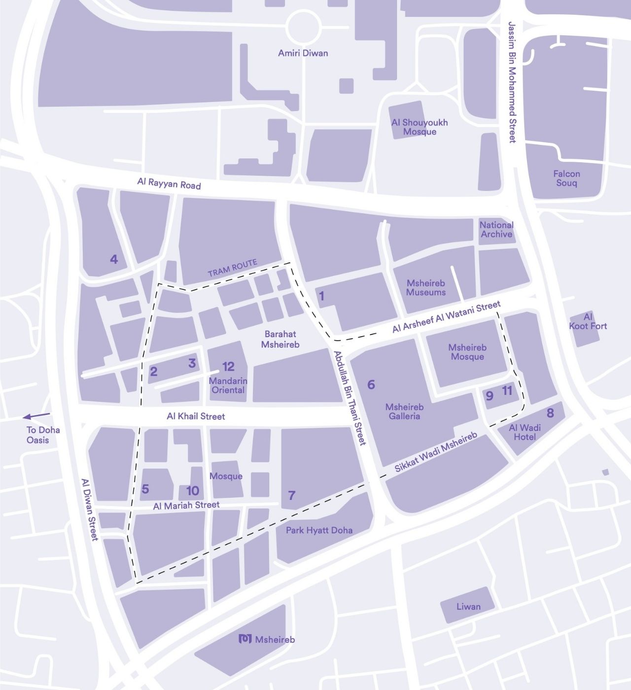 A stylized map of central Doha highlights streets, hotels, museums, mosques, and landmarks including Msheireb, Amiri Diwan, Al Rayyan Road, Barahat Msheireb, and Park Hyatt Doha, with key locations numbered 1 to 12.