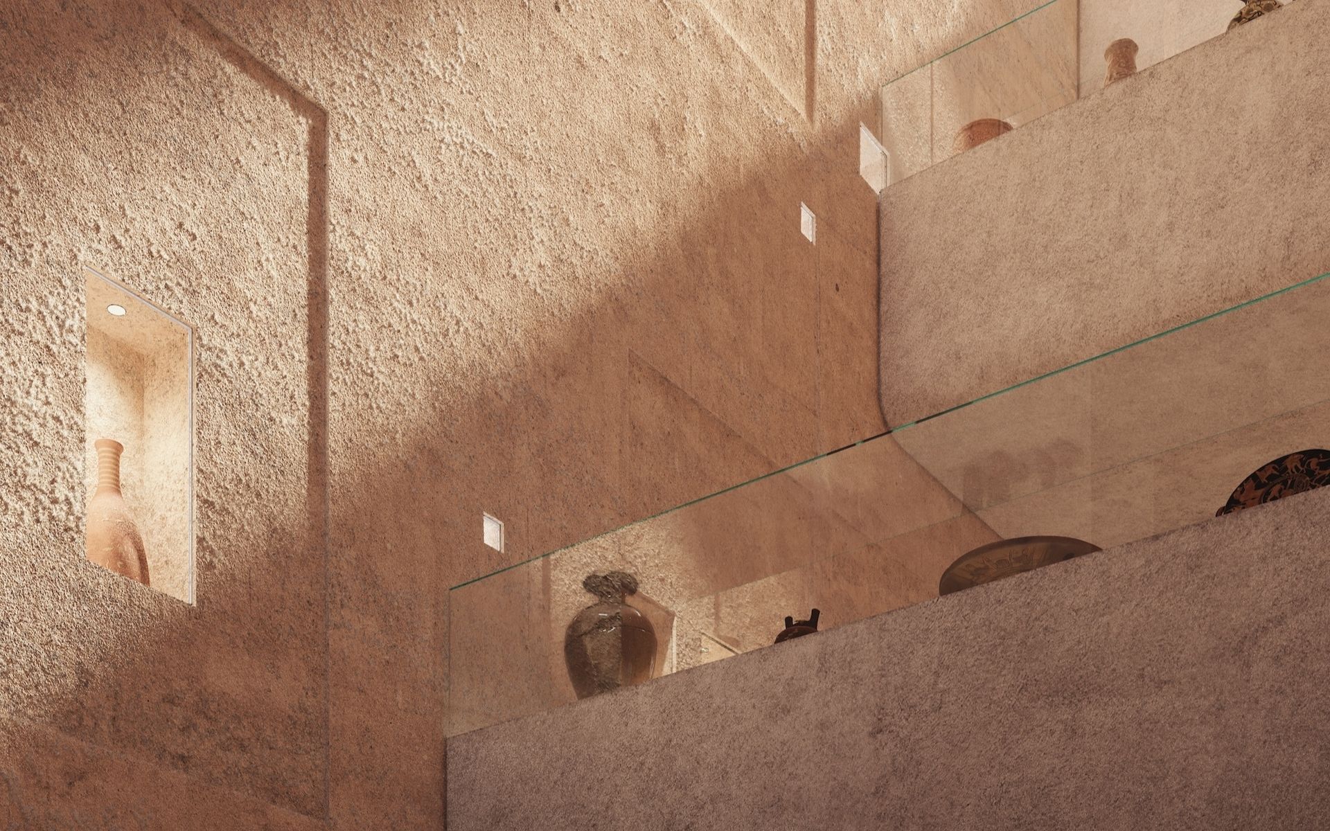 Sunlight illuminates a textured, beige stone wall with built-in display shelves holding ceramic vases and pots. Glass railings line an upper level, showcasing more pottery against the minimalist architecture.