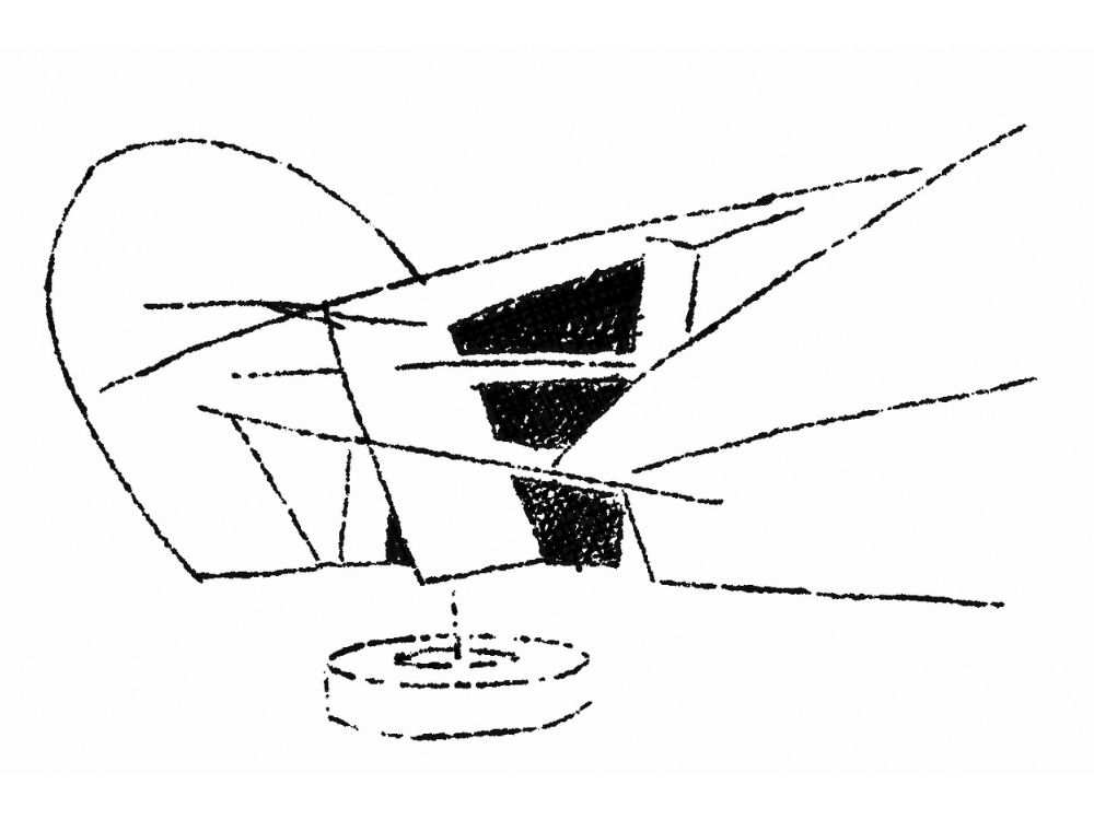 Abstract black-and-white line drawing inspired by Shaikha Al Sulaiti​, featuring geometric shapes, intersecting lines, and curved elements; a circular base sits at the bottom center of the composition.