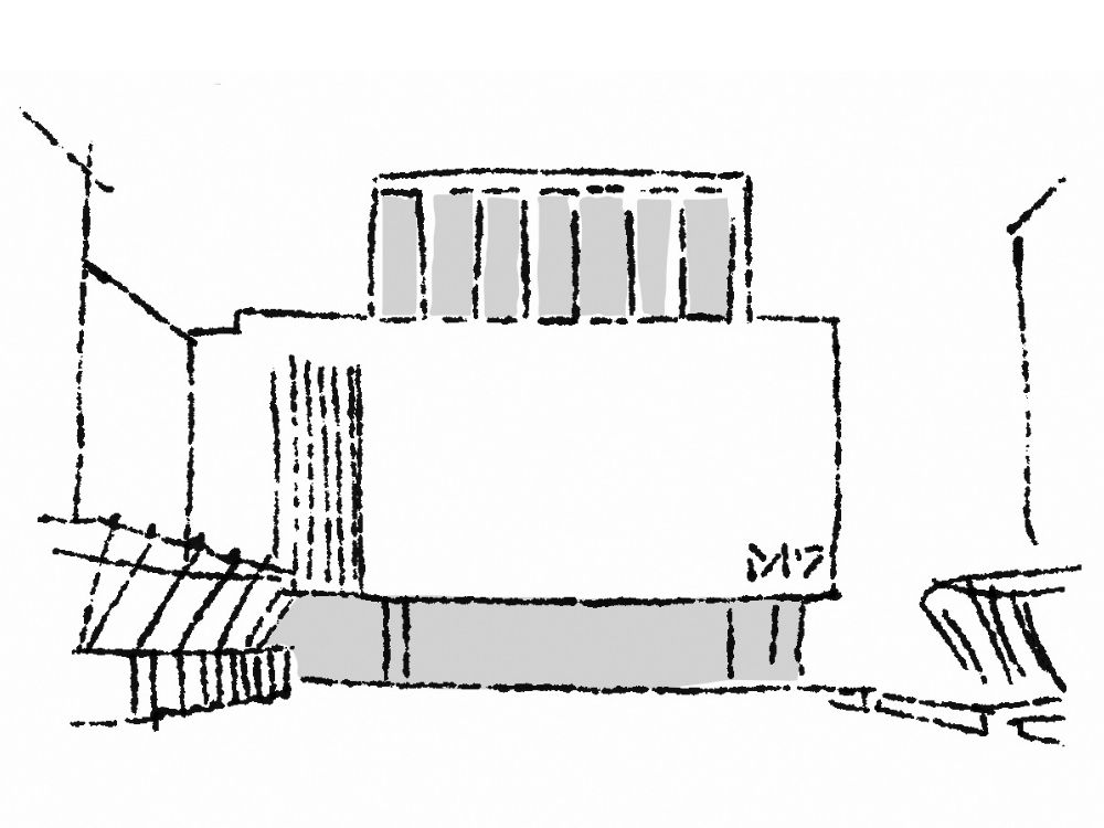 A minimalist black and white sketch of a modern building with rectangular shapes, vertical lines, and shaded areas, inspired by Shaikha Al Sulaiti​'s geometric architectural design.
