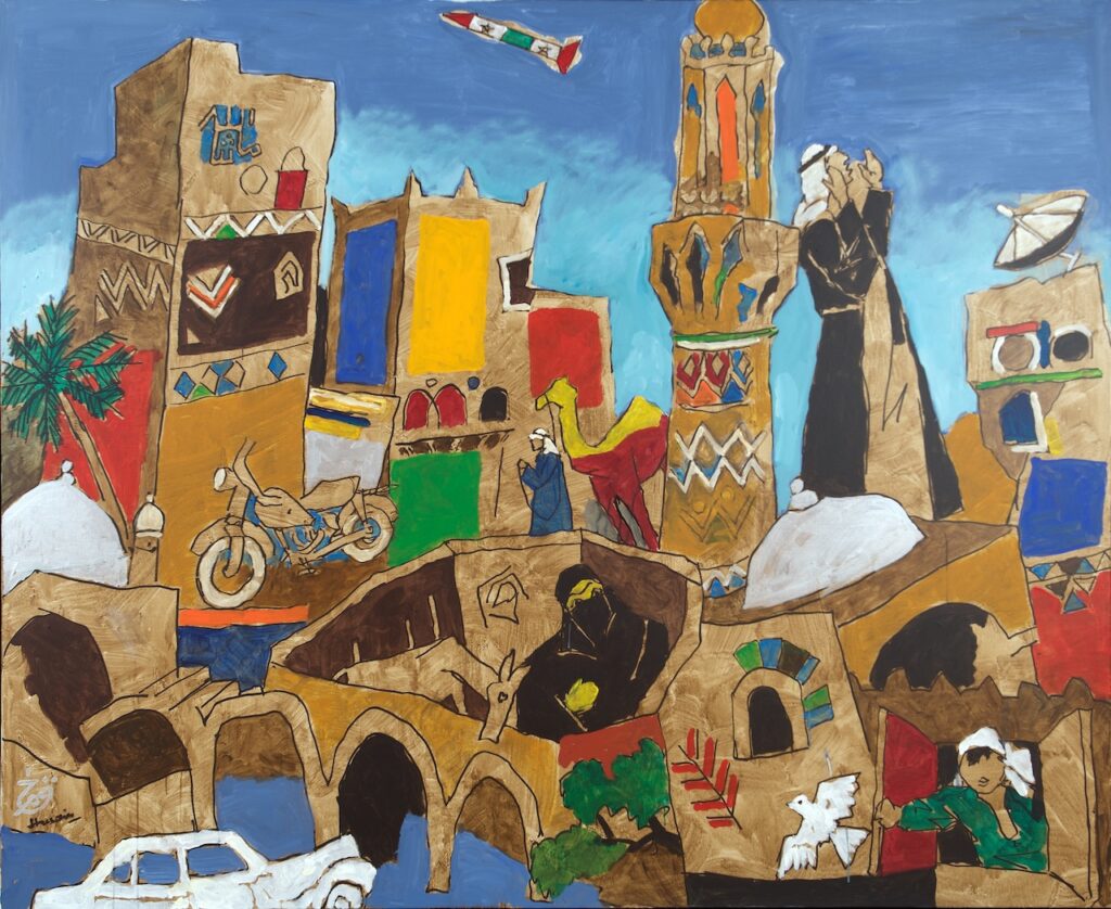 Colorful abstract painting of a Middle Eastern city with geometric buildings, a mosque, people in traditional dress, a white car, palm tree, camel, motorcycle, airplane, and birds beneath a blue sky—perfect for the Lawh Wa Qalam Museum.