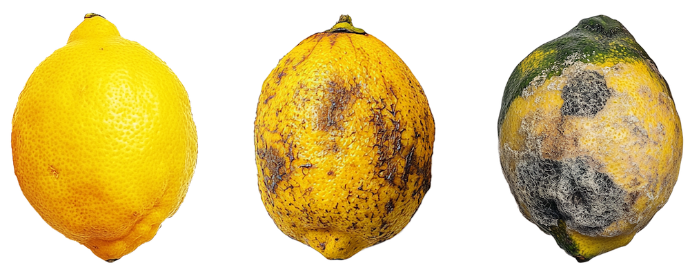 Three lemons shown side by side: one fresh and bright yellow, one with brown spots and shriveled skin, and one covered in green mold and white fuzz, illustrating stages of decay as captured by Abdulrahman Al Muftah.