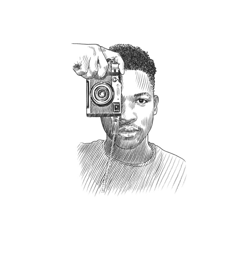 Black and white sketch of a man holding a camera up to his face, covering one eye, and looking directly forward, evoking the creative spirit at the heart of Q+A Qatar and Arts.