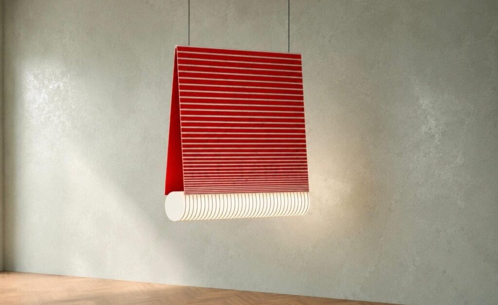 A pendant light with a folded red-and-white striped shade and a cylindrical, illuminated base suspended by thin wires.