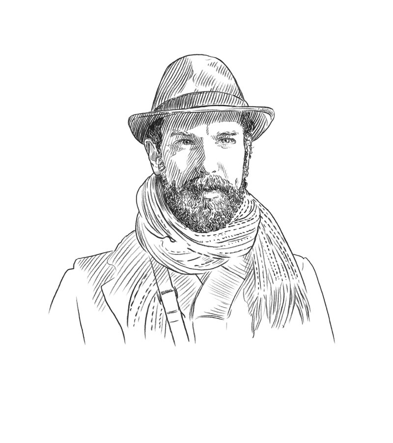 Black and white sketch of a man with a beard wearing a hat, a coat, and a scarf, looking forward with a neutral expression; the portrait reflects an air of quiet contemplation, evoking the thoughtful ambiance of Q+A Qatar and Arts.