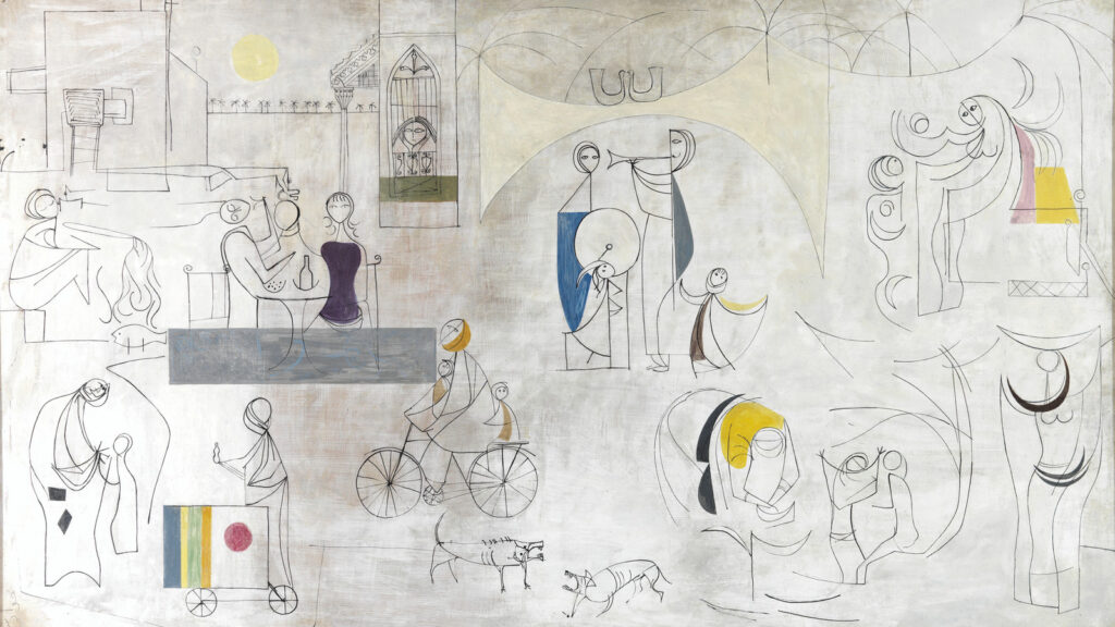 A mural with minimalist, abstract human and animal figures in various scenes: talking, cycling, embracing, with geometric shapes and light washes of color on a pale background. The style is modern and sketch-like.
