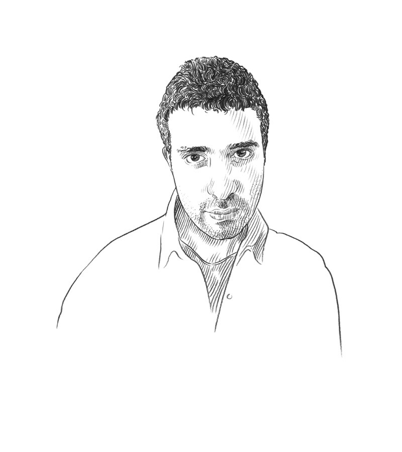 Black and white sketch of a man with short curly hair, wearing a collared shirt, looking forward with a neutral expression. The background is plain white, evoking the refined minimalism often seen in Q+A Qatar and Arts exhibitions.