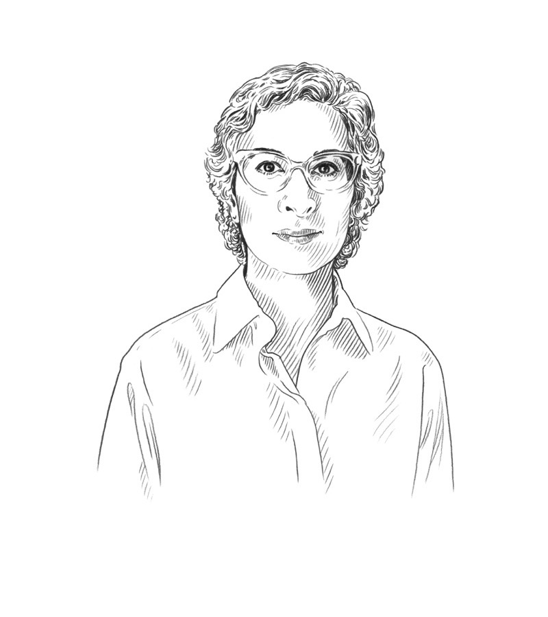 Black and white line drawing of a person with short curly hair, glasses, and a collared shirt, looking straight ahead with a neutral expression—a portrait that would fit seamlessly within an exhibition exploring Q+A Qatar and Arts.