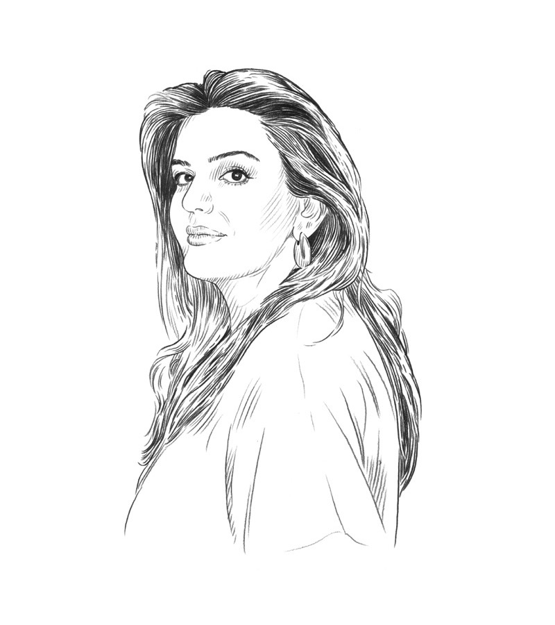 Black and white sketch of a woman with long, wavy hair, wearing hoop earrings and looking over her shoulder with a calm expression on her face—an evocative portrait that captures the spirit of Arts in subtle lines, reminiscent of quiet Q+A moments in Qatar’s creative scene.
