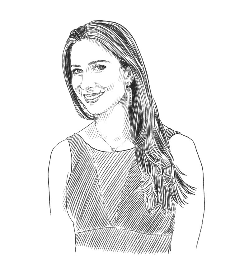 A black and white sketch of a woman with long hair, wearing a sleeveless dress and earrings, smiling slightly while looking at the viewer—her poised expression suggests she could be engaging in a thoughtful Q+A about arts in Qatar.