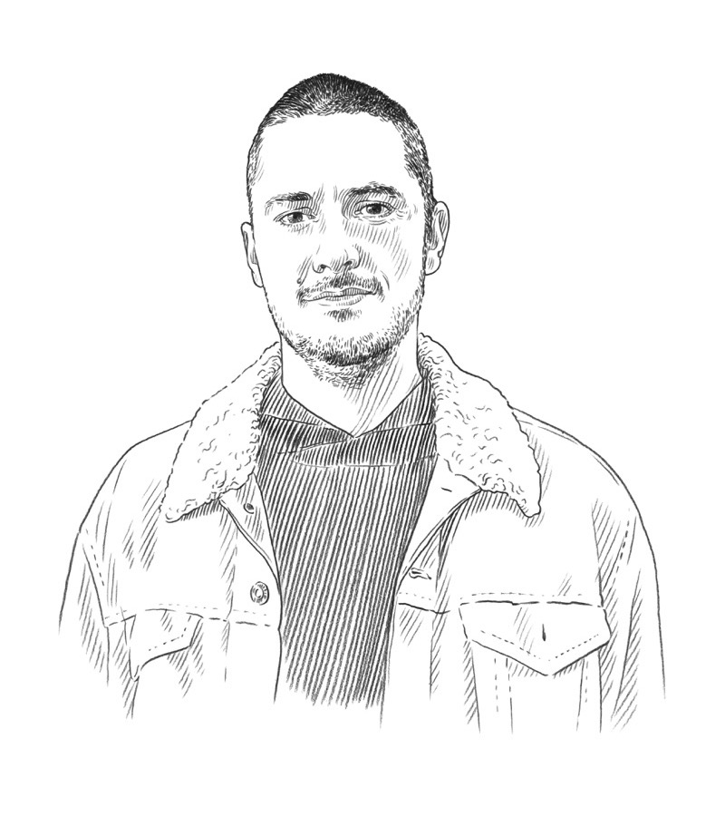Black and white sketch of a man wearing a jacket with a shearling collar over a hoodie, looking forward with a neutral expression. The artwork captures the contemplative mood often seen in Q+A sessions about Qatar and arts.
