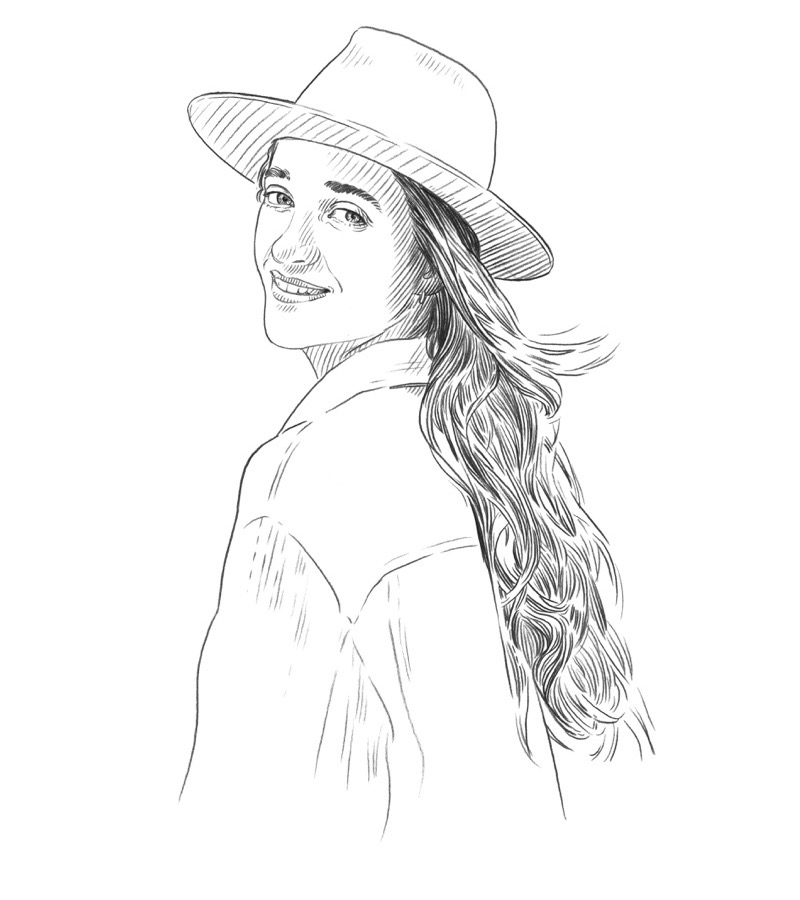 Line drawing of a woman with long wavy hair wearing a wide-brimmed hat and a jacket, turning slightly and smiling over her shoulder—an elegant illustration evoking the spirit of Q+A Qatar and celebrating contemporary arts.