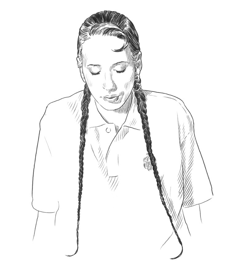 Black and white sketch of a person with long braids, wearing a collared shirt, looking down with eyes closed—an evocative portrait reflecting the quiet introspection often found in Q+A Qatar and Arts dialogues.