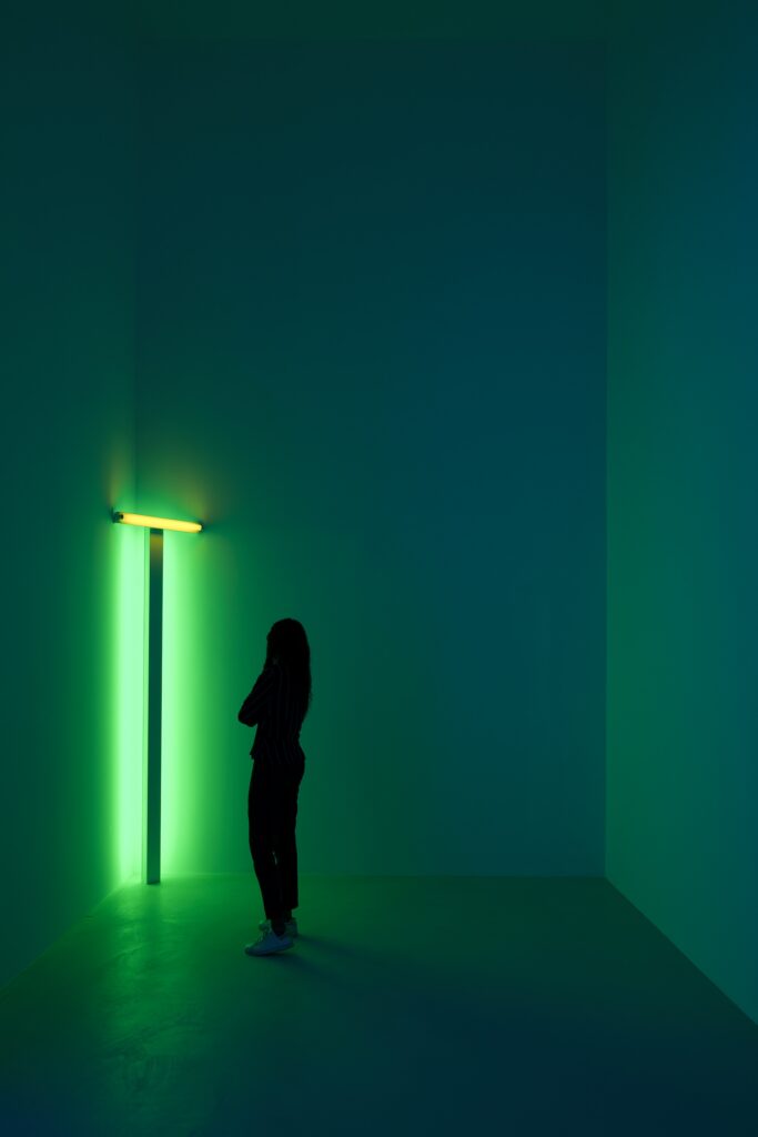A person stands alone in a dark, empty room, illuminated by a vertical green fluorescent light in the corner, casting a soft glow on the walls and floor