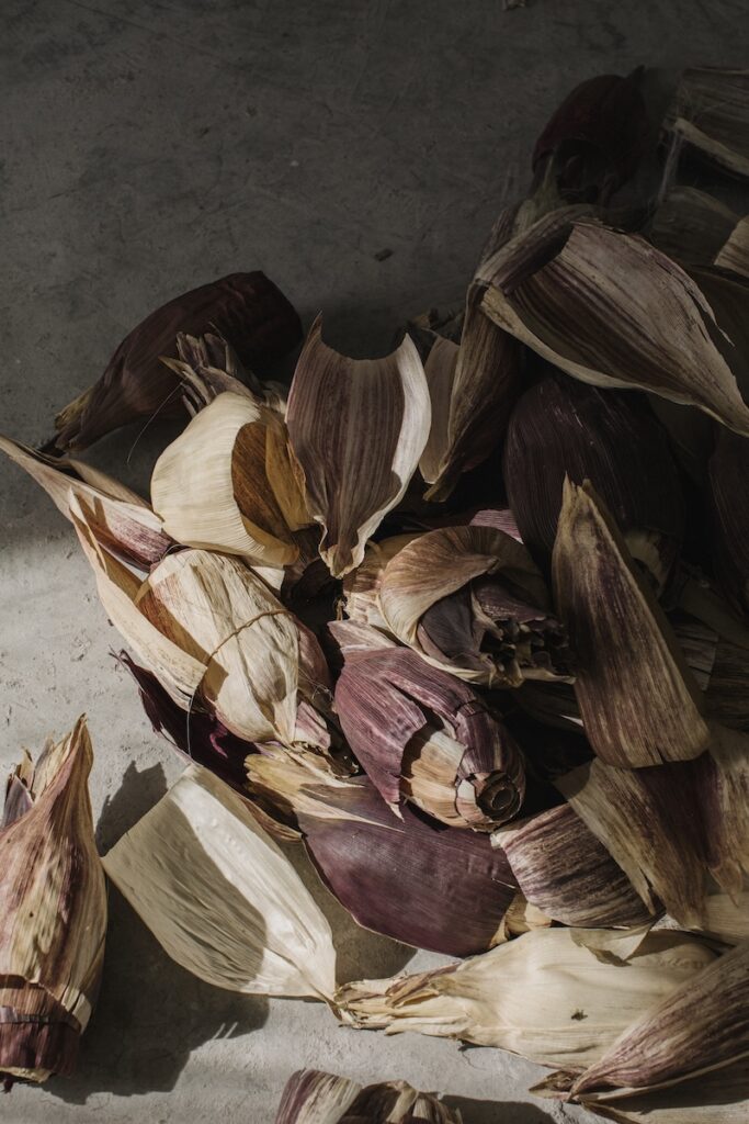 A pile of dried corn husks with shades of purple, brown, and beige lies scattered on a gray surface