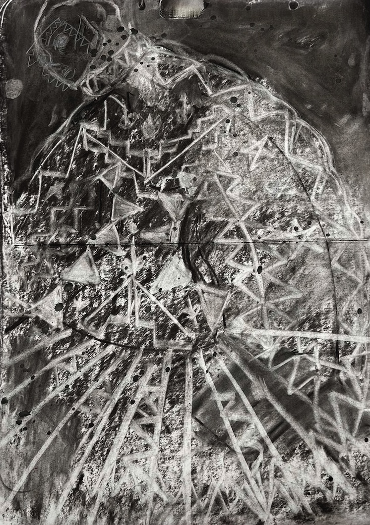 A black and white abstract charcoal drawing by Noura Al Sayeh depicting a figure draped in a large, patterned garment featuring geometric shapes and jagged lines.