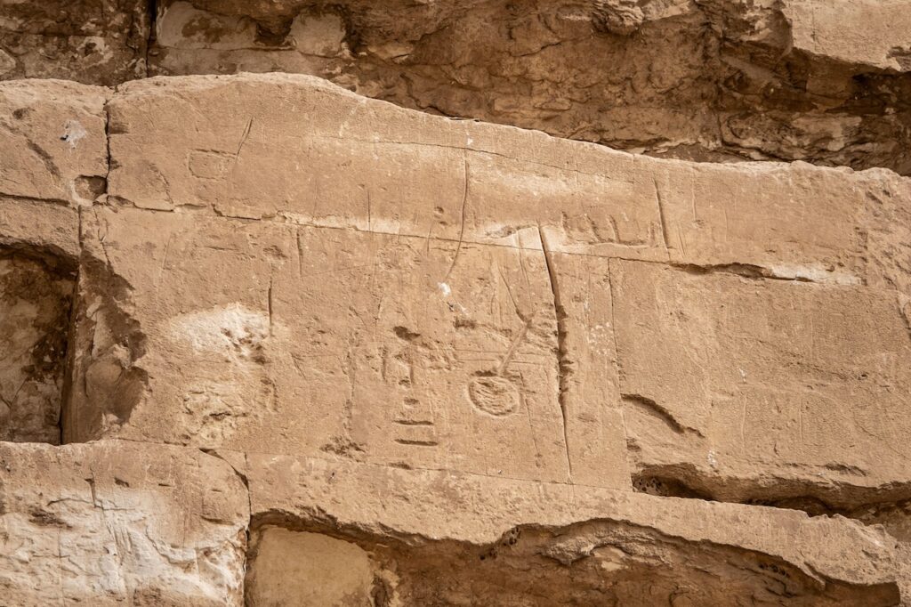 Ancient Egyptian hieroglyphs in the style of Sophia Al-Maria carved into a sandstone wall.