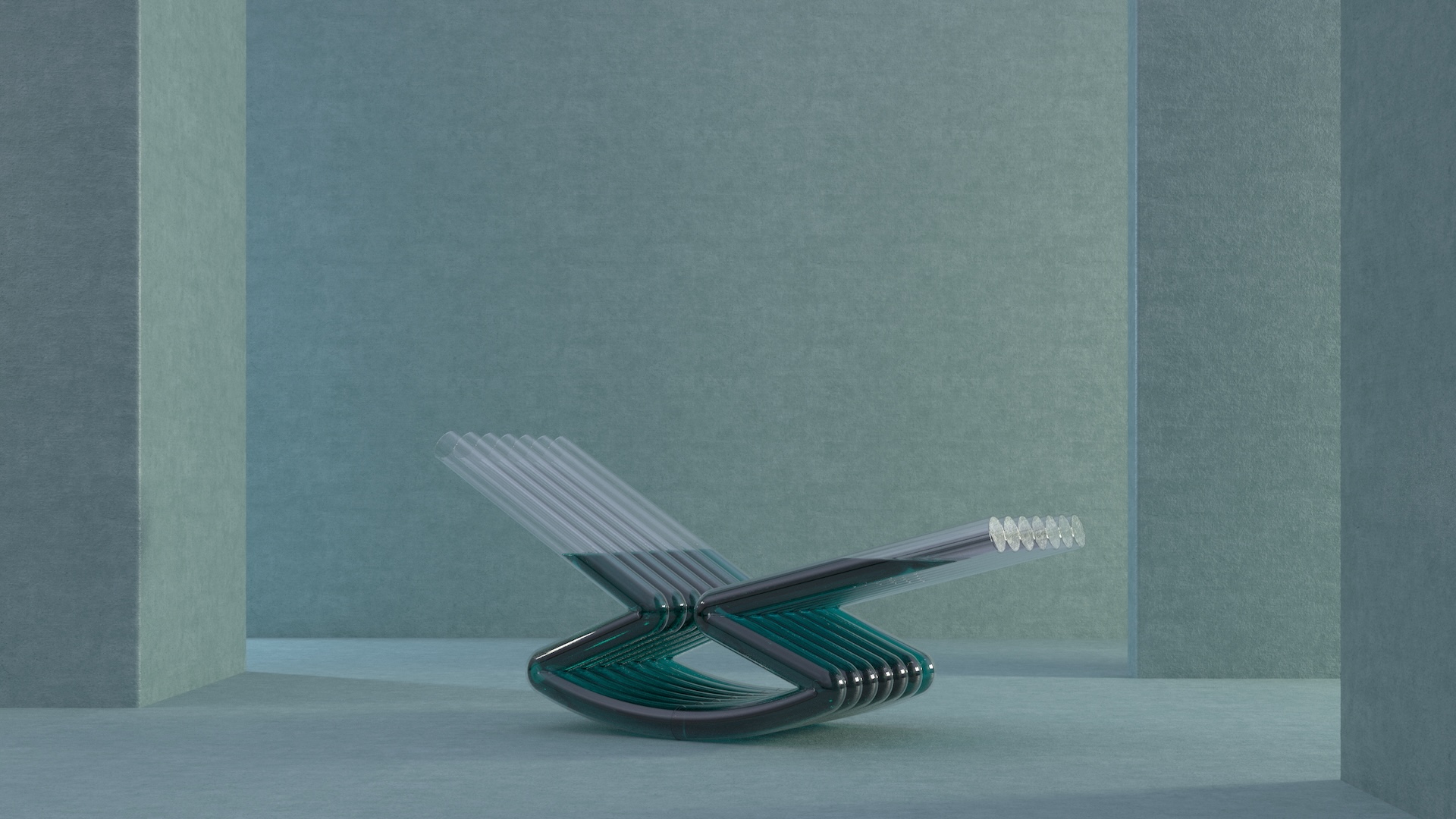 A modern, transparent chair with a zigzag design sits in a minimalist, blue-toned room with geometric walls and soft lighting