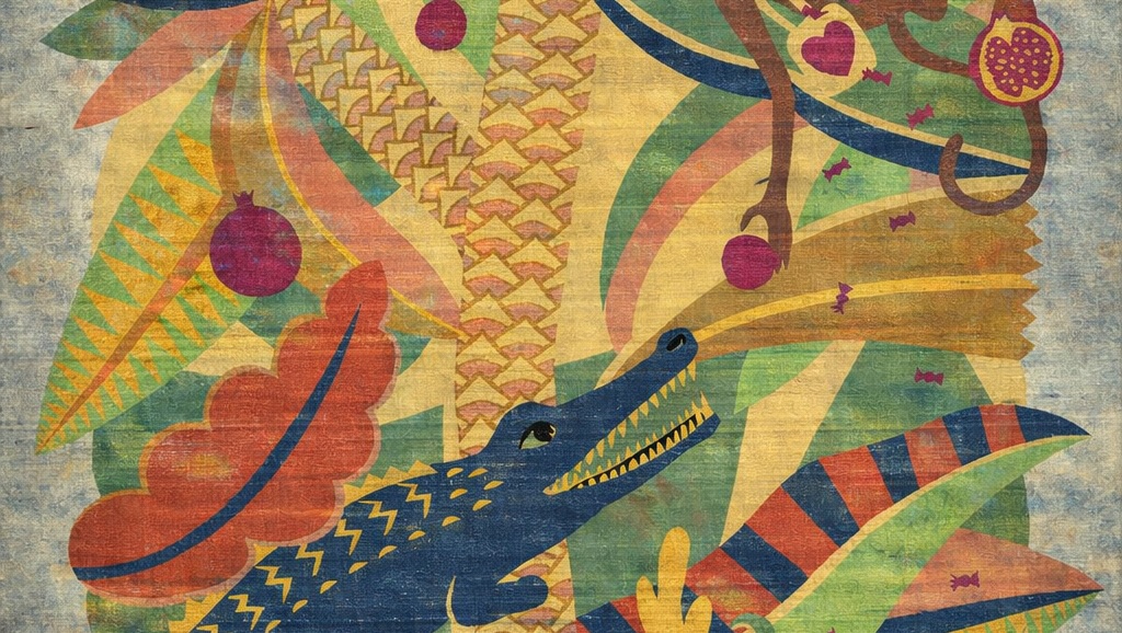 Stylized illustration of a blue crocodile in a jungle setting with geometric palm trees, pomegranates, and a monkey hanging from a vine.