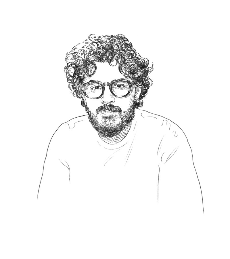 Black and white sketch of a man with curly hair, a beard, glasses, and a neutral expression, wearing a plain shirt and facing forward against a white background—a portrait that echoes the thoughtful atmosphere of a Q+A Qatar session on arts.