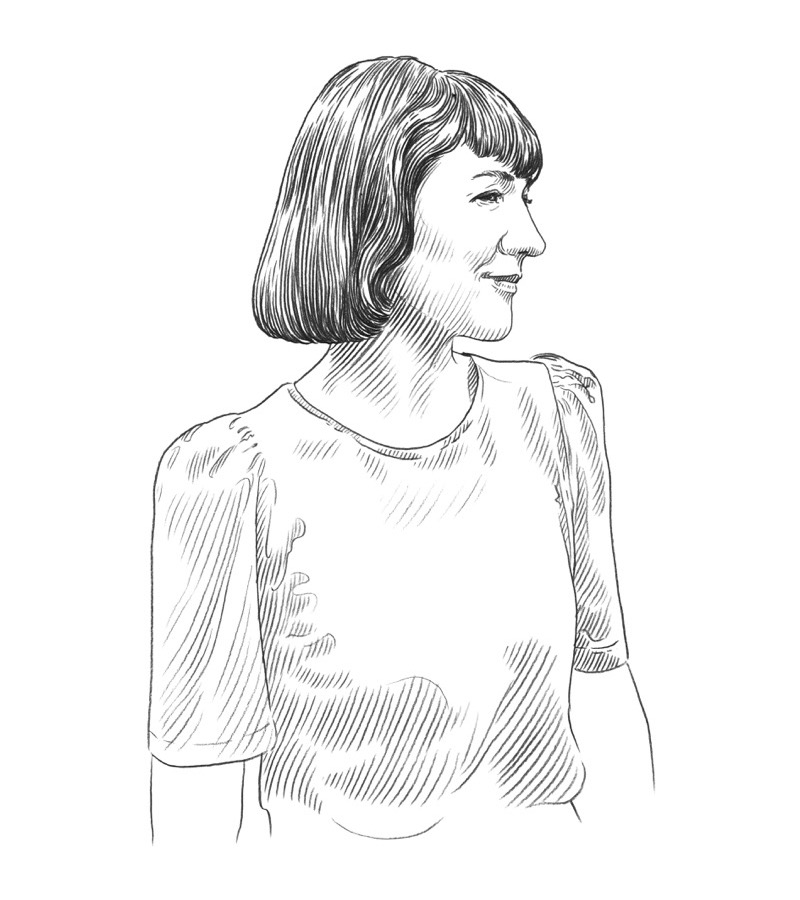 Black and white sketch of a woman with short, straight hair and bangs, wearing a short-sleeved top, facing right and smiling—an expressive portrait that reflects the creative spirit of Q+A Qatar and celebrates the world of Arts.