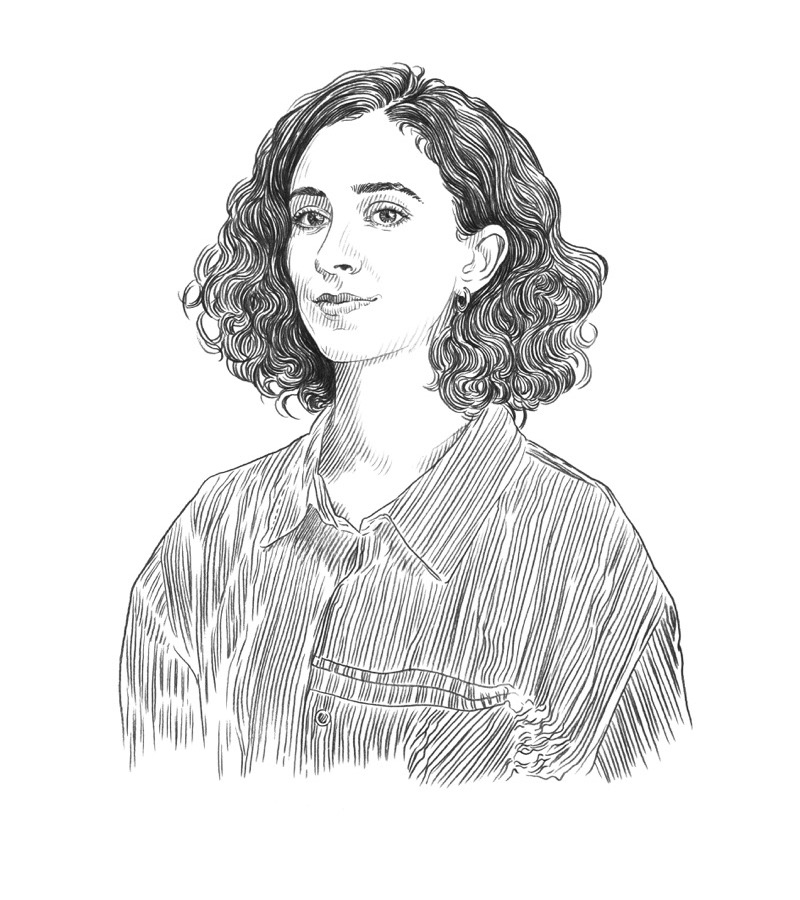 Black and white line drawing of a person with curly, shoulder-length hair, wearing a collared shirt, facing forward with a neutral expression. This portrait could easily illustrate an interview for Q+A Qatar or accompany features on contemporary Arts.