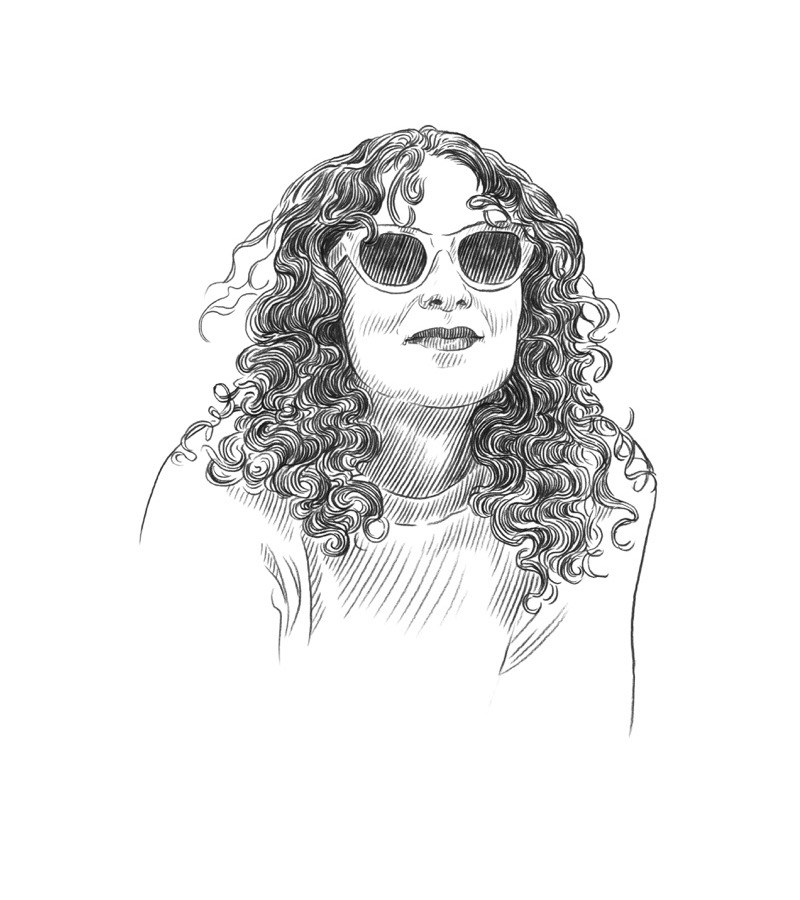 Black and white sketch of a person with long curly hair wearing sunglasses and a shirt, looking slightly upward with a neutral expression—an image that captures the quiet confidence often seen at Q+A Qatar, where arts and individuality are celebrated.
